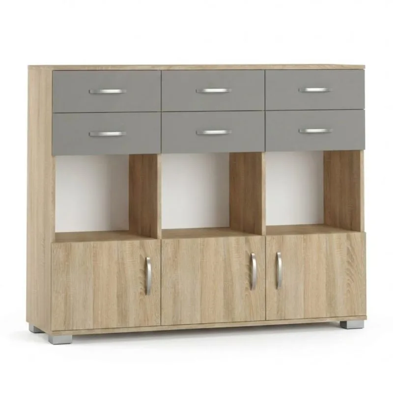 Cassettiera Ciomas 21 | Rovere Sonoma e Grigio | 104 x 130 x 40 cm | 3 Ante, 6 Cassetti | Design Moderno