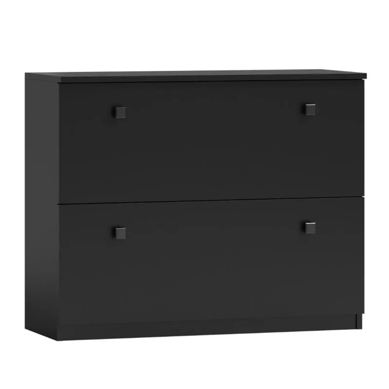 Scarpiera nera ampia | 2 cassetti ribaltabili | 82 x 100 x 26 cm | Maniglie quadrate | Gambe in metallo | Bordi in ABS