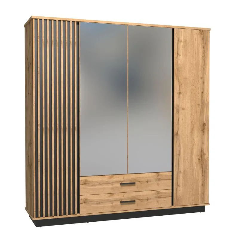 Armadio Trevalli 18 con 2 ante a specchio | Rovere / Nero | 205 x 197 x 52 cm | Ampio spazio contenitivo