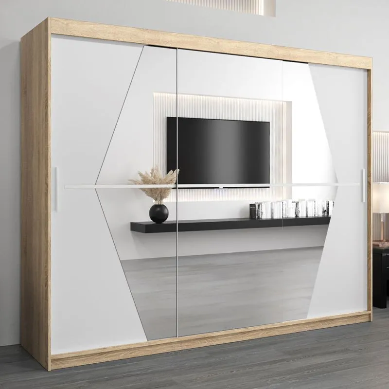 Armadio scorrevole con specchio Alphubel 06 | Rovere Sonoma e bianco opaco | 200 x 250 x 62 cm