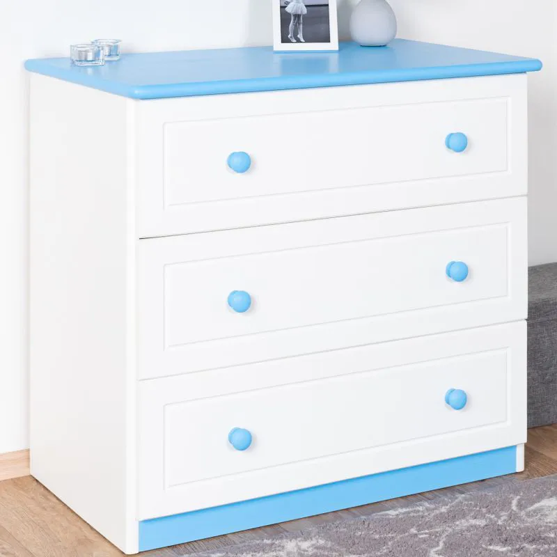 Cassettiera in pino massello laccato bianco/blu 006 | 3 cassetti spaziosi | 78 x 80 x 47 cm | Design moderno