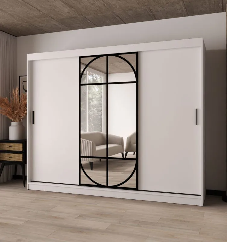 Armadio con ante scorrevoli | Bianco opaco | Anta a specchio | Dettagli moderni | 250 x 62 x 200 cm | Armadio | 10 scomparti | 2 aste appendiabiti | Lavorazione di alta qualità