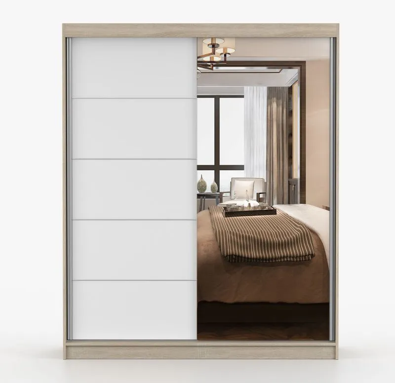 Armadio scorrevole Galtee 07 | Bianco e rovere Sonoma | 2 ante con specchio | 6 scomparti | 195 x 160 x 61 cm