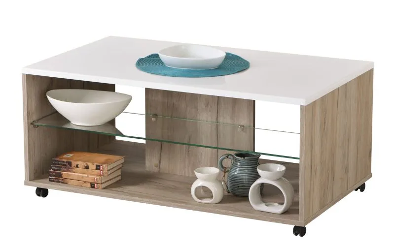 Tavolino moderno Sopot 01 | Grigio rovere e bianco lucido | 4 ruote | Ripiano in vetro | 45 x 101 x 60 cm