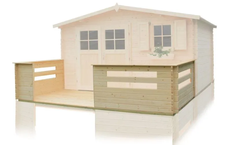 Terrazza per casetta Ruhepol | 4,16 x 1,94 m | Tronchi abete nordico 28 mm | Finitura naturale