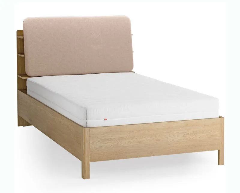 Letto una piazza e mezza "Olimar" 23, color rovere/ecru, incl. rete a doghe sollevabile, testiera imbottita, 4 ripiani aperti, contenitore dietro lo schienale, 120 x 200 cm