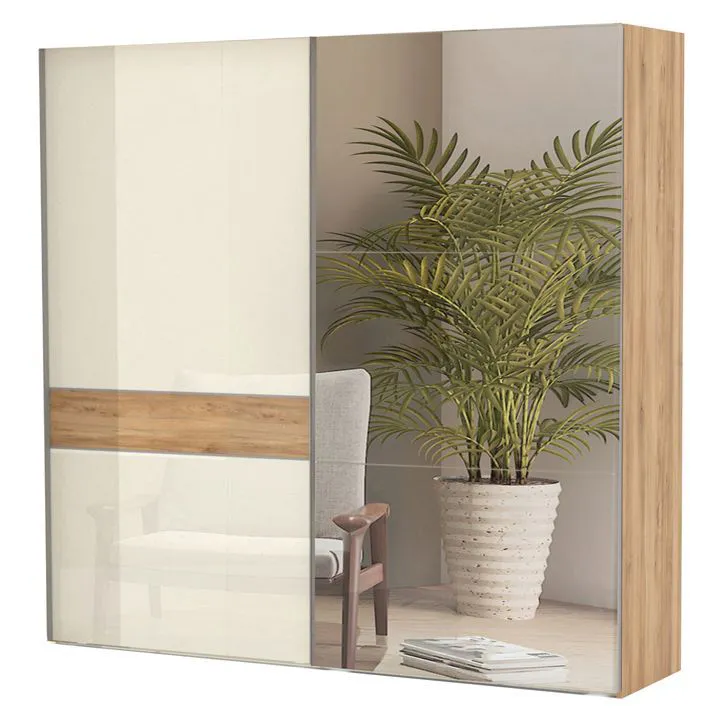 Armadio scorrevole Gataivai 06 | Beige lucido e noce | 224 x 230 x 65 cm | Ante con specchio