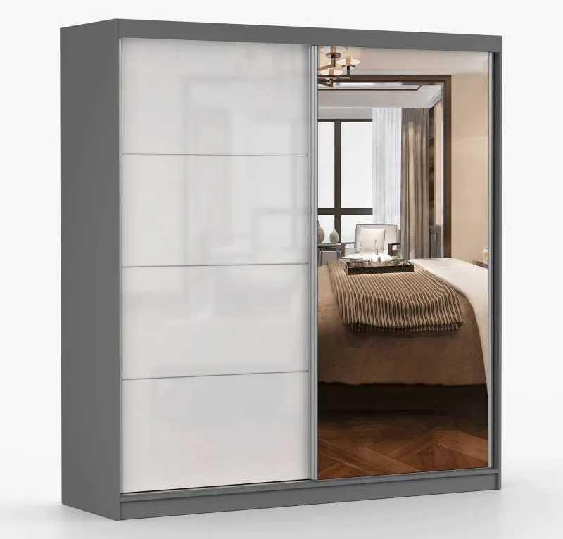 Armadio scorrevole "Gorski" 03 | Bianco lucido/grigio | Specchio integrato | 6 scomparti | 218 x 183 x 61 cm