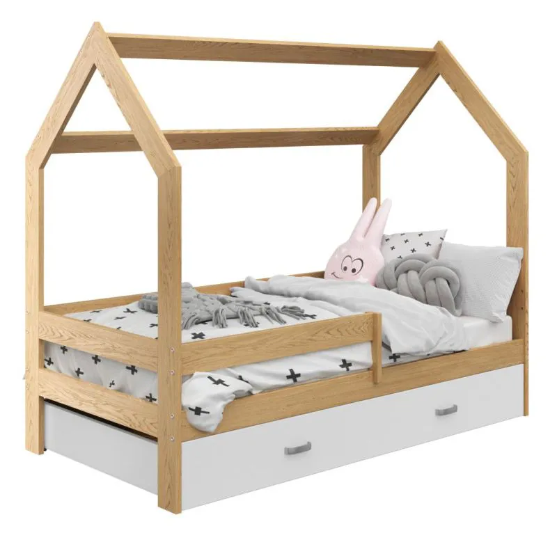 Letto a casetta in pino massello naturale D3 | Cassetto bianco | Rete a doghe inclusa | 80 x 160 cm