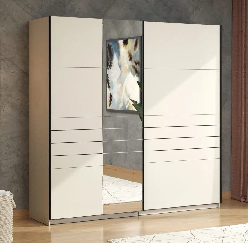 Armadio ad ante scorrevoli "Petrovac" 09, color cashmere, 2 ripiani, 2 barre appendiabiti, 1 anta a specchio, bordi in ABS, 220 x 61 x 217,5 cm