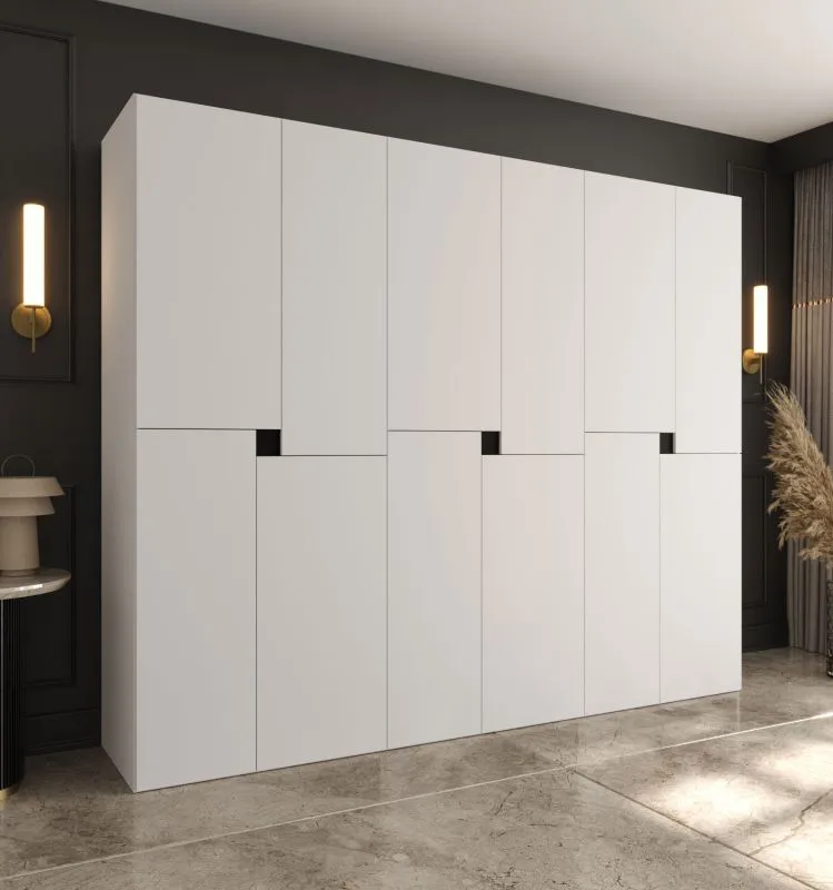 Armadio ad ante battenti "Marieta" 05, bianco, 12 ante, 9 scomparti, 3 barre appendiabiti, design senza maniglie, Sistema "Soft-Close", 240 x 52 x 203 cm