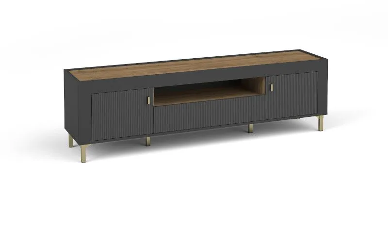 Mobile porta TV "Barbe" 23 | Nero opaco | Maniglie oro | 1 cassetto, 2 ante, 3 scomparti | 51,5 x 177 x 40 cm