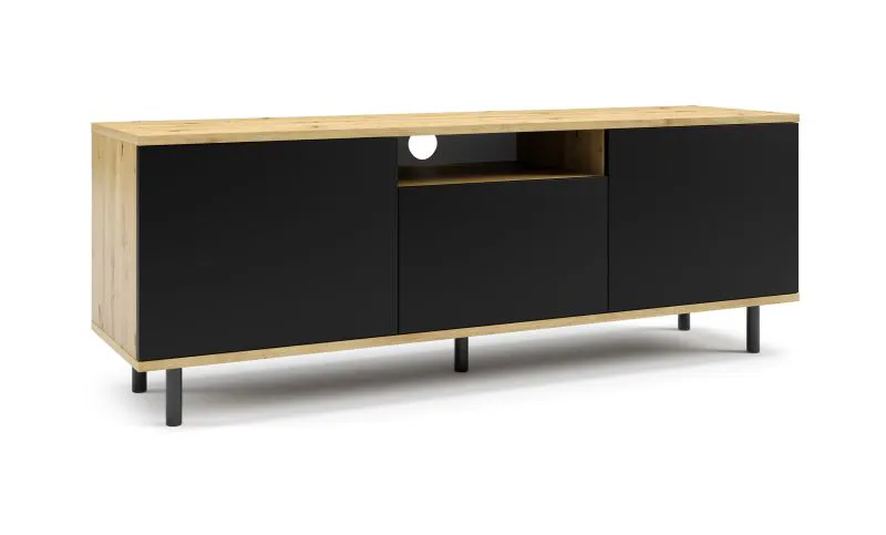 Base TV sospesa Zapopan 102 | Rovere Artisan e nero | Push-to-open | 42 x 150 x 40 cm | Foro per cavi | Anta ribaltabile