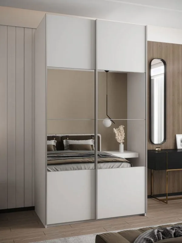 Armadio ad ante scorrevoli "Tampa", bianco, 2 ante scorrevoli, 6 scomparti, 2 barre appendiabiti, 1 specchio, Sistema "Soft-Close", 245,5 x 130 x 64 cm