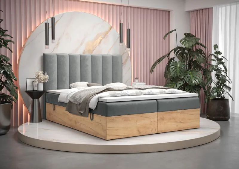 Letto matrimoniale Pilio 09 | Design unico grigio e rovere dorato | Materasso Bonell H3 | 160 x 200 cm