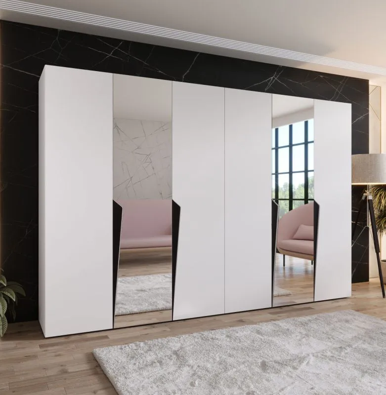 Armadio ad ante battenti "Rida" 11, bianco, maniglie: nero, 6 ante di cui 2 a specchio, 4 scomparti, 4 barre appendiabiti, Sistema "Soft-Close", bordi in ABS, 300 x 52 x 202 cm