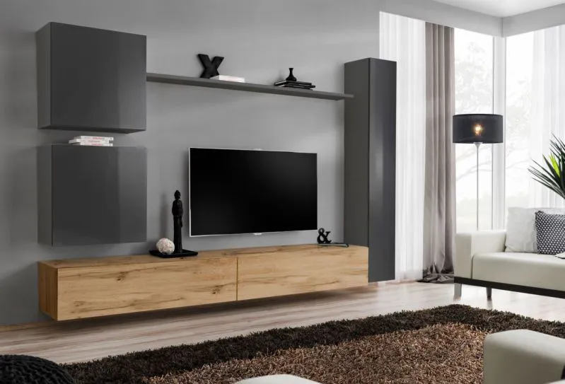 Pensile soggiorno moderno Balestrand 128 | Grigio e rovere Wotan | 180 x 280 x 40 cm | 5 ante