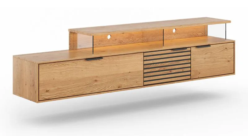 Mobile TV sospeso in legno massiccio rovere/nero | 52 x 200 x 39 cm | Illuminazione LED | Chiusura ammortizzata