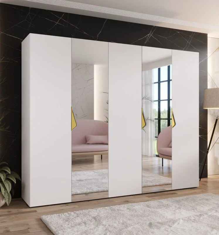 Armadio con ante a specchio "Zainab" 10, bianco, maniglie: oro, 2 ante, 3 scomparti, 3 barre appendiabiti, Sistema "Soft-Close", bordi in ABS, 250 x 52 x 202 cm