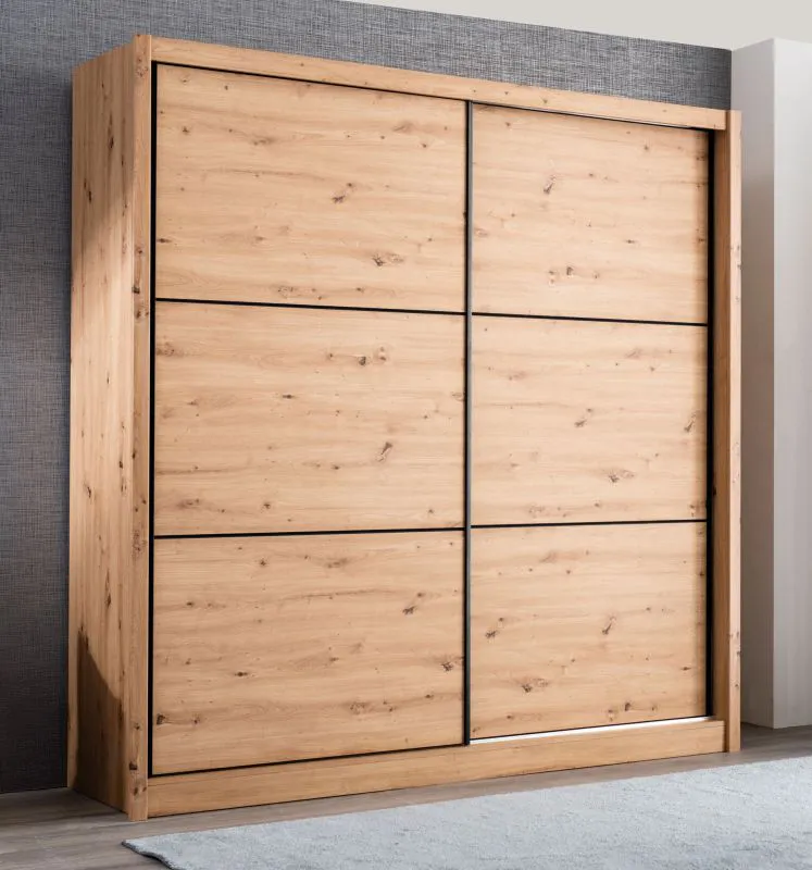 Armadio scorrevole Panevo 03 | Rovere Artisan | 6 scomparti | 1 barra appendiabiti | 215,5 x 213 x 60 cm