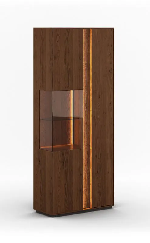 Vetrinetta Sienne 03 | Legno massiccio rovere | Finitura tabacco oliata | 2 ante, 11 scomparti | LED, 205 x 84,5 x 37 cm