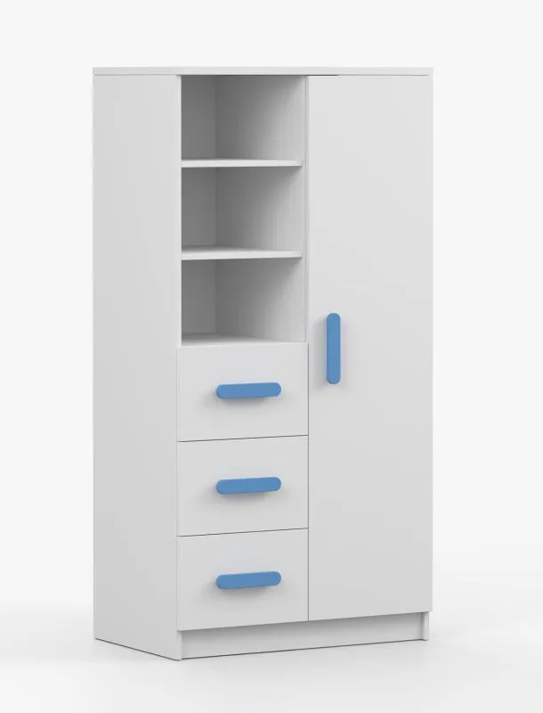 Mobile libreria bianco "Smolikas" 43 | 7 scomparti, 3 cassetti, maniglie blu legno | 159 x 80 x 40 cm