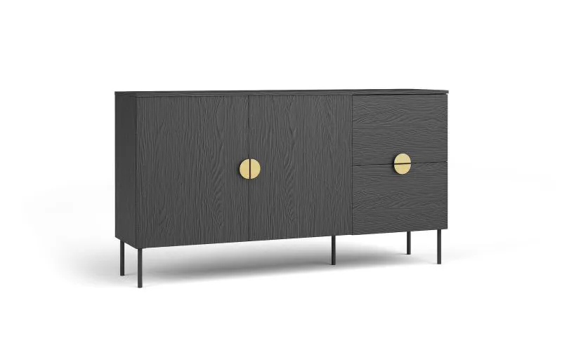 Cassettiera Amfipoli 02 nero effetto legno | 2 ante, 2 cassetti, 2 scomparti | Sistema Soft-Close | 87,5 x 160 x 40 cm