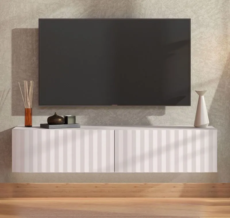 Mobile TV "Grocka" 02, bianco/bianco opaco, 2 ante a ribalta, bordi in ABS, funzione "push-to-open", 32 x 154 x 42 cm