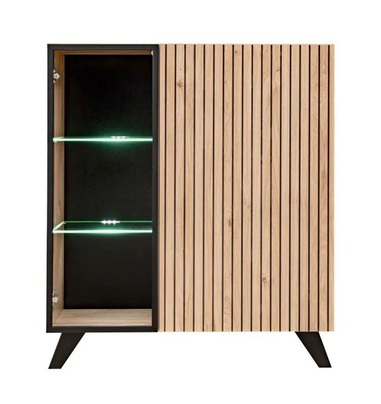Vetrinetta moderna Nordkapp 04 | Hickory Jackson/Nero | 6 scomparti | LED | 102x90x40 cm
