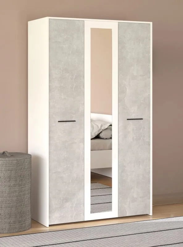 Armadio Brus 10 | Bianco e effetto cemento | 6 scomparti | 1 anta a specchio | 203,5 x 119 x 53 cm