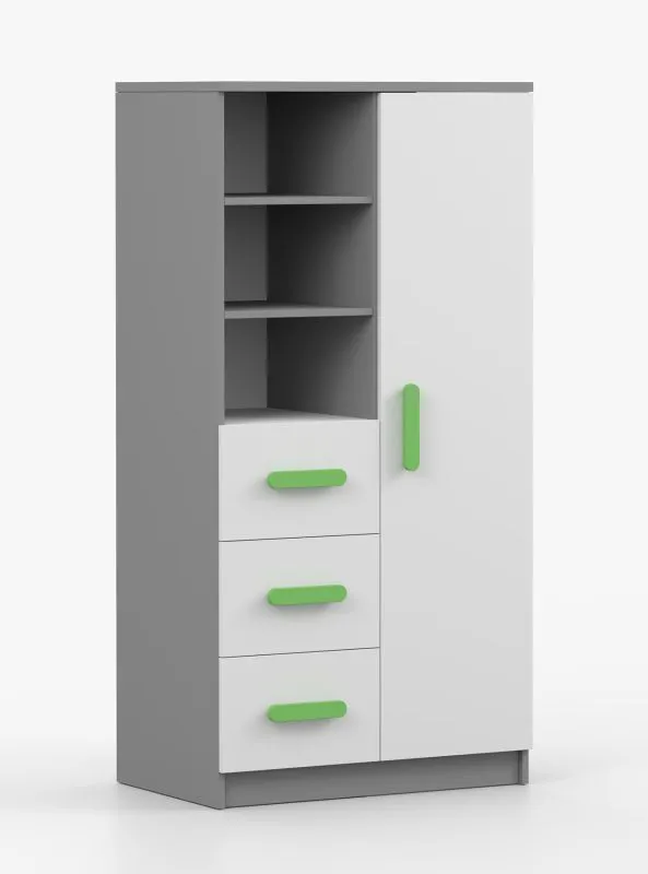 Armadio a battente Smolikas 36 | 7 scomparti, 3 cassetti | Bianco/Grigio, maniglie verdi | 159 x 80 x 40 cm