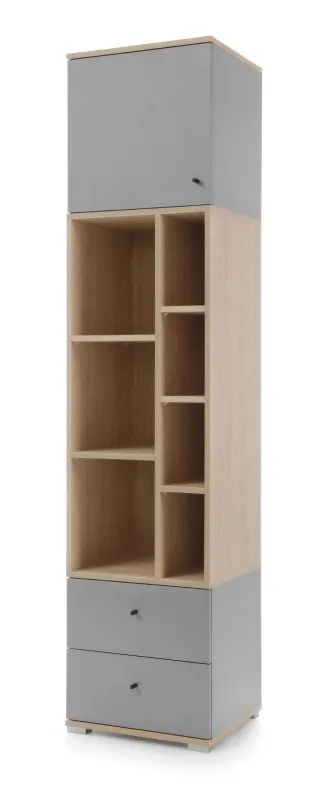 Armadio, scaffale con 7 ripiani aperti, armadio per camera dei ragazzi, 195 x 45 x 40 cm, rovere / grigio, 1 anta e 2 cassetti, bordi in ABS