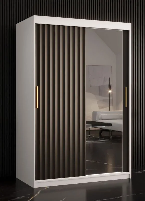 Armadio moderno con anta a specchio Balmenhorn 78 | Bianco opaco e nero opaco | 200 x 120 x 62 cm | 5 scomparti e 2 barre appendiabiti