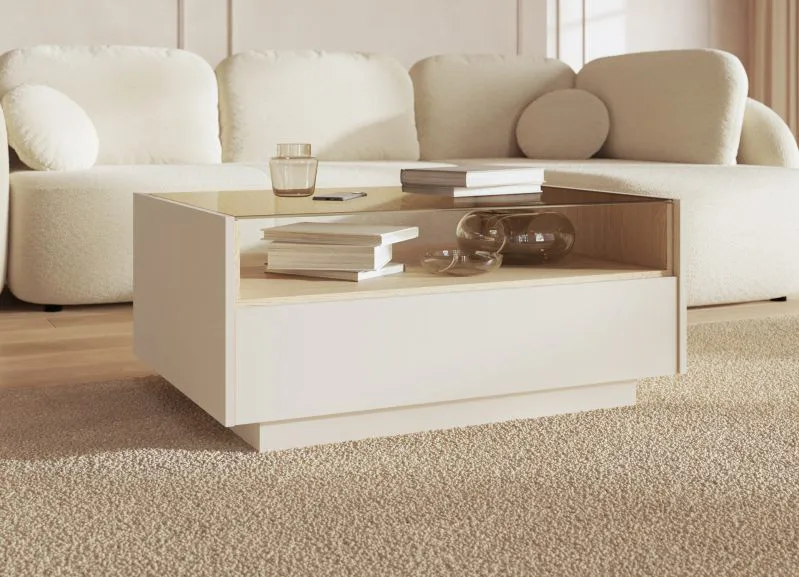 Tavolino da salotto "Manouba" 06, color beige/rovere Cremona, 2 cassetti, 1 ripiano, funzione "push-to-open", 96 x 67 x 43 cm