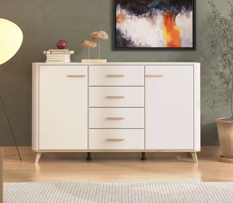 Madia "Alibunar" 05, color cashmere, maniglie e gambe: rovere Artisan, 2 ante a battente, 4 scomparti, 4 cassetti, bordi in ABS, 154 x 40 x 90,5 cm