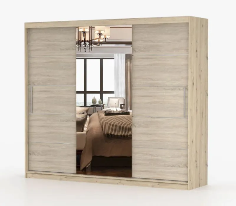 Armadio scorrevole Cevennen 20 | Rovere Artisan/Sonoma | 3 ante con specchio | 12 scomparti | 218 x 250 x 61 cm
