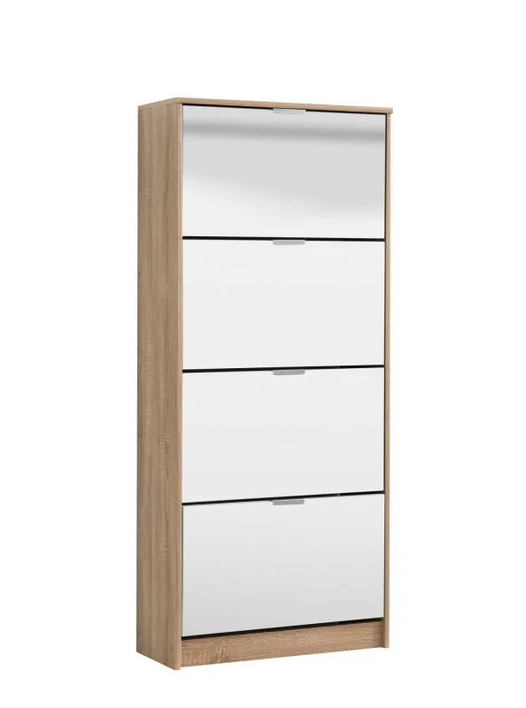 Scarpiera "Gradide" 09 | Rovere Sonoma | 4 ante specchiate | 8 scomparti | 155,5 x 67 x 28 cm