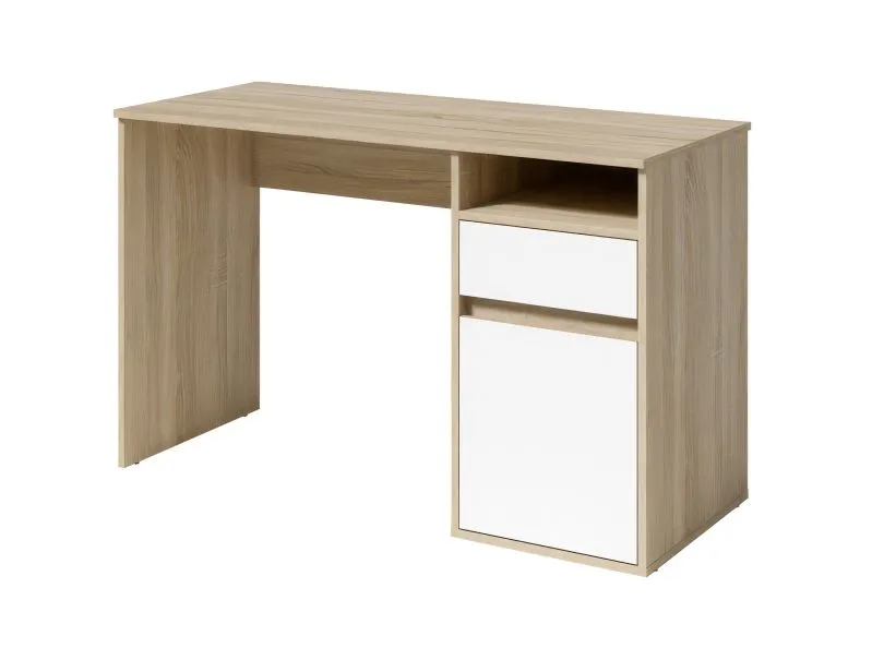 Scrivania Agia 02 | Rovere Sonoma e bianco | 1 cassetto, 1 anta | 74 x 120 x 50 cm
