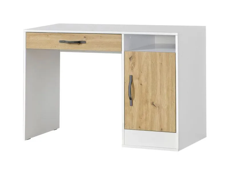Scrivania con cassetto | 120 x 50 x 81 cm | Colore: rovere / bianco / nero | 1 anta | 3 scomparti | Maniglie in metallo | 1 ripiano | Nalut 04