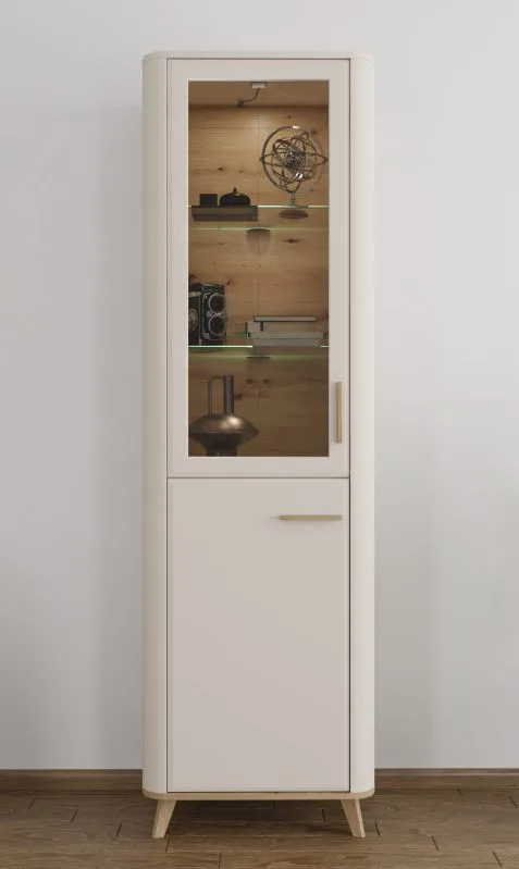 Vetrinetta alta "Alibunar", color cashmere, maniglie e gambe: rovere Artisan, 1 anta in vetro, 1 anta a battente, 5 scomparti, 58 x 40 x 193 cm