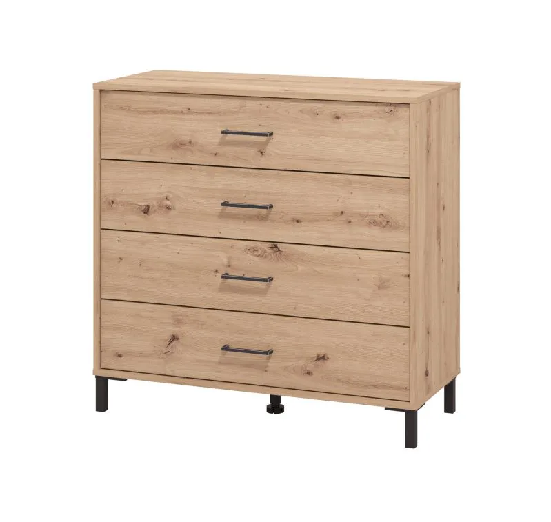 Cassettiera Sabas 07 | Rovere Artisan | 4 cassetti | Maniglie e gambe nere | 90 x 93 x 40 cm