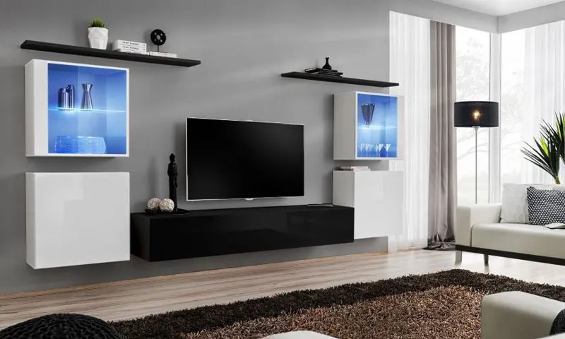 Pensile moderno Balestrand 213 | Bianco/Nero | 160 x 320 x 40 cm | 5 ante, 11 vani
