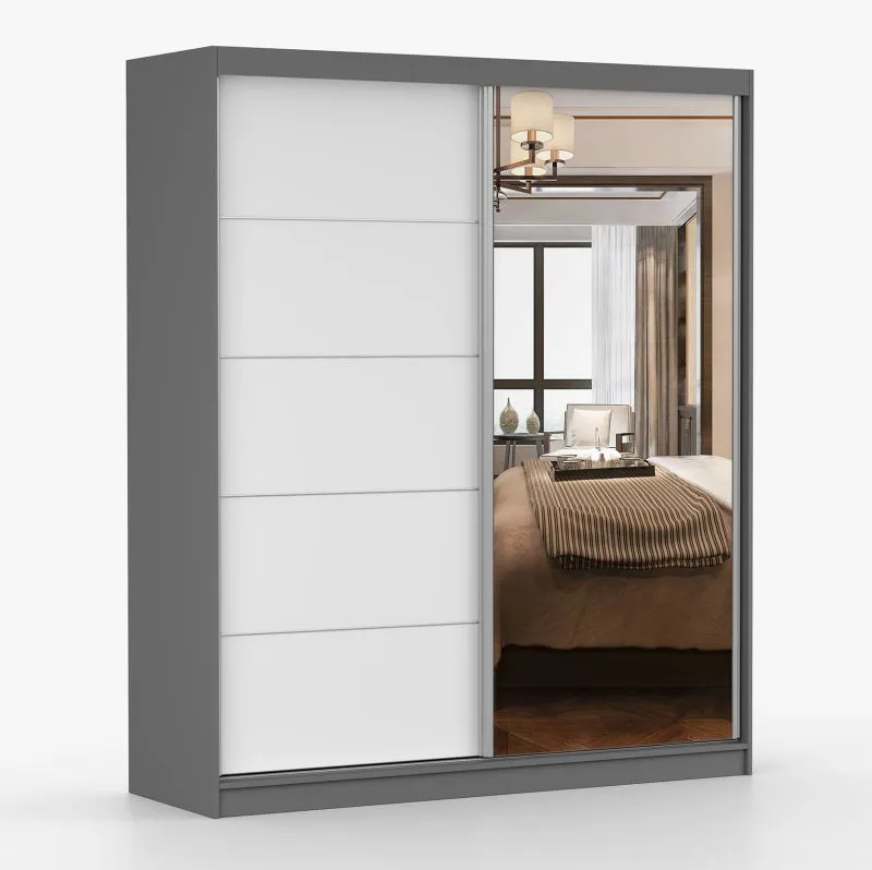 Guardaroba scorrevole "Cuillin" 04 | Bianco/Nero | 2 ante, specchio, 6 scomparti | 218 x 183 x 61 cm