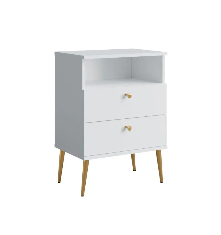 Comodino Almyros 01 bianco | Maniglie e gambe oro | 2 cassetti | 1 vano a giorno | 69,5 x 50 x 34 cm