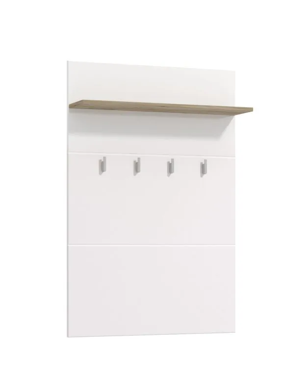Appendiabiti da parete "Kove" 02 | Rovere grigio e bianco lucido | 4 ganci, 1 ripiano | 114 x 76 x 19,5 cm