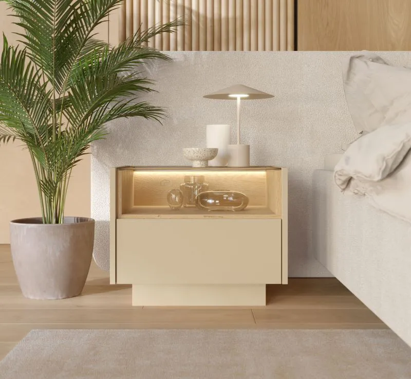 Comodino "Manouba" 07, color cacao/rovere Cremona, 1 cassetto, 1 scomparto, illuminazione a LED, funzione "push-to-open", 53 x 40 x 43 cm