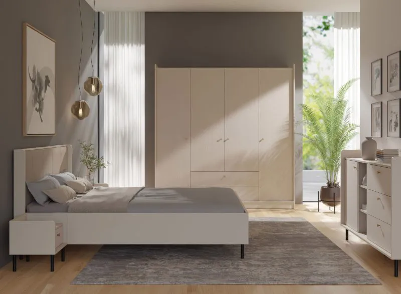 Camera da letto completa - Set "Schaarbeek", 5 pz, beige effetto legno, letto matrimoniale, armadio a 4 ante, 2 comodini, 1 cassettiera, 160 x 200 cm