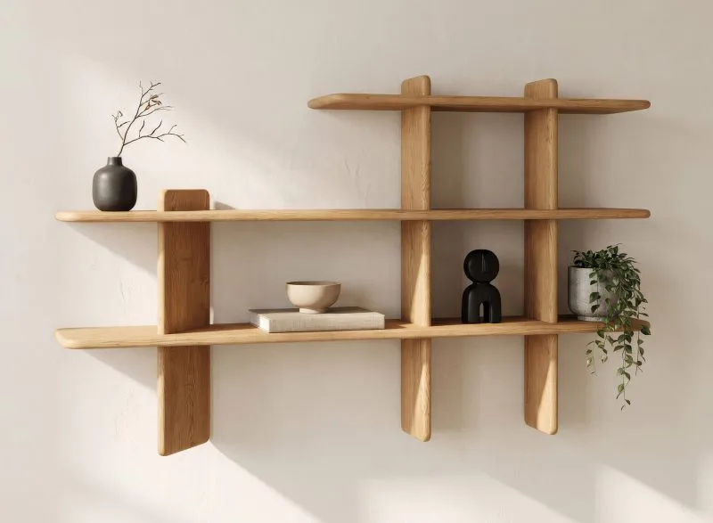 Mensola "Autise" 04, rovere massello, oliato, finitura naturale, 3 ripiani, 140 x 25 x 86 cm