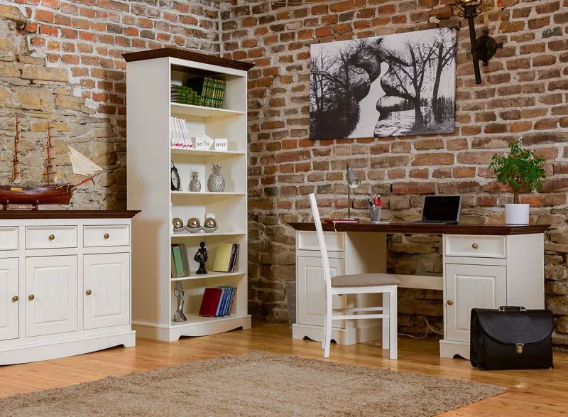Set ufficio 3 pezzi Gyronde | Pino massiccio bianco/noce | Stile country elegante | Maniglie oro | Ampio spazio
