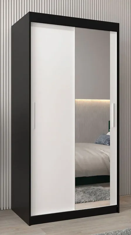 Armadio scorrevole con specchio Bisaurin 1C | Nero e bianco opaco | 200 x 100 x 62 cm | Design moderno e funzionale